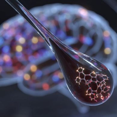 This shows a blood drop with a molecule inside it. Behind is a colorful brain.