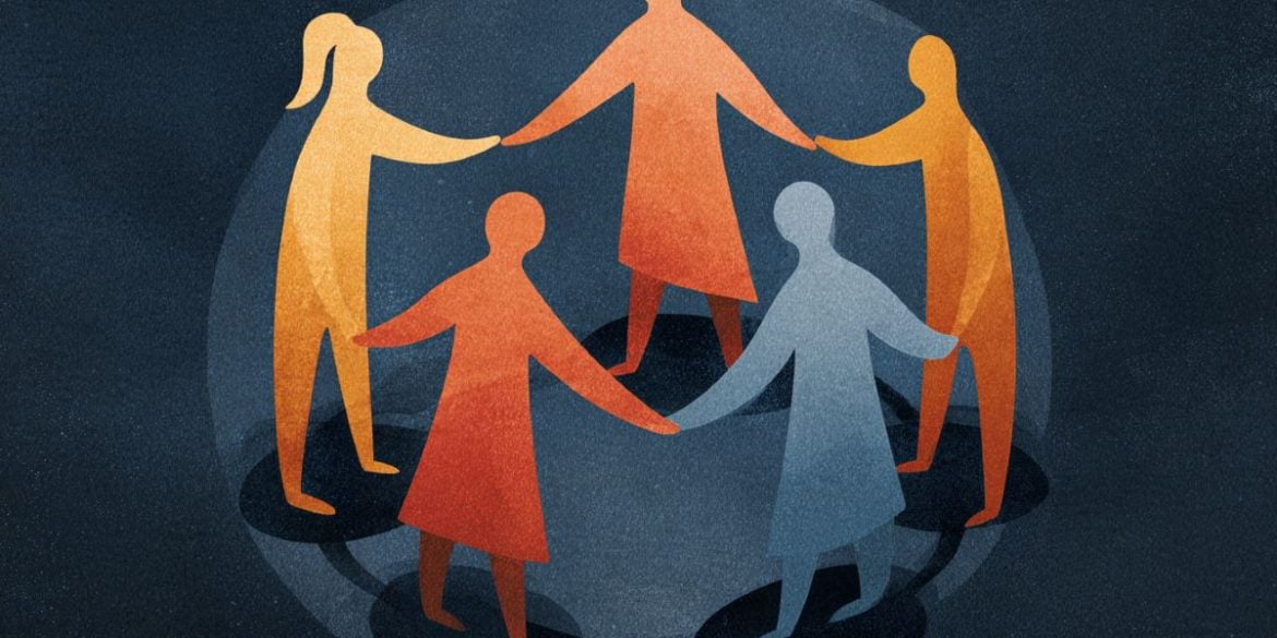 This shows people in a circle all holding hands.