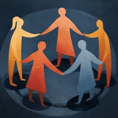 This shows people in a circle all holding hands.