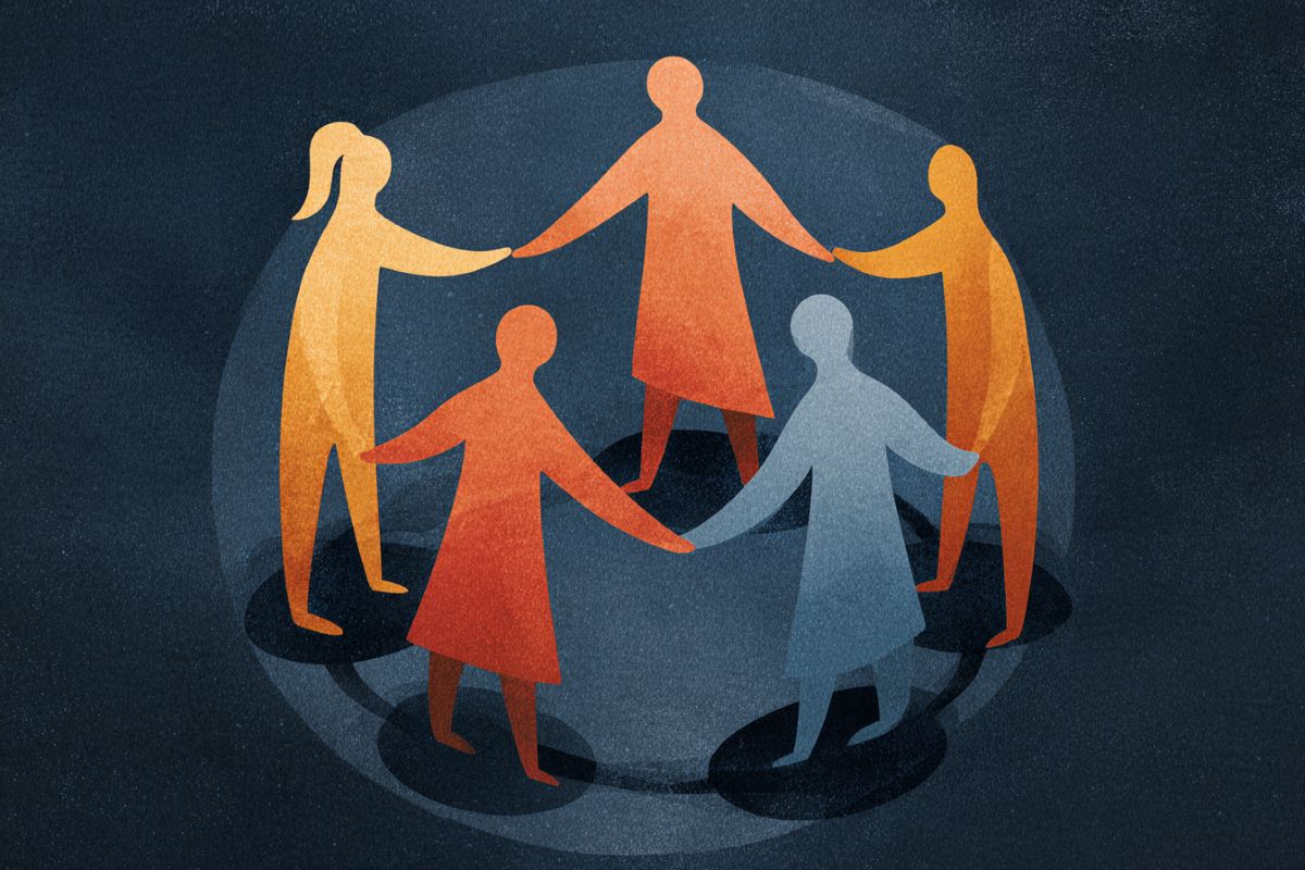 This shows people in a circle all holding hands.