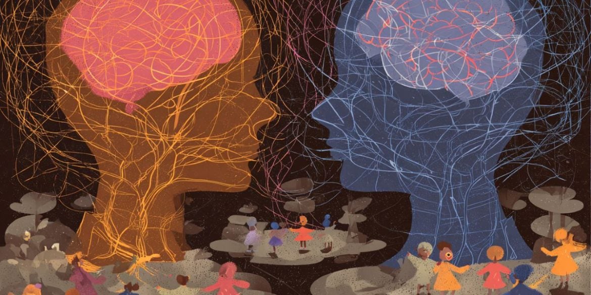 This shows wo heads and people surrounding them.