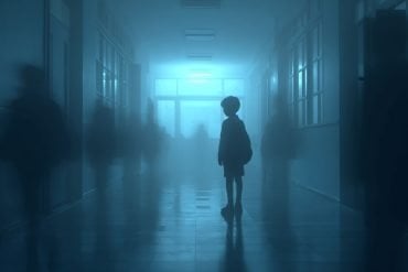 This shows a lonely child in a school hallway.