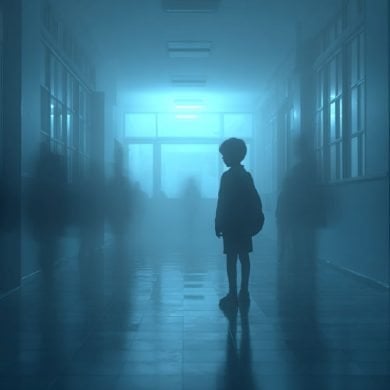 This shows a lonely child in a school hallway.