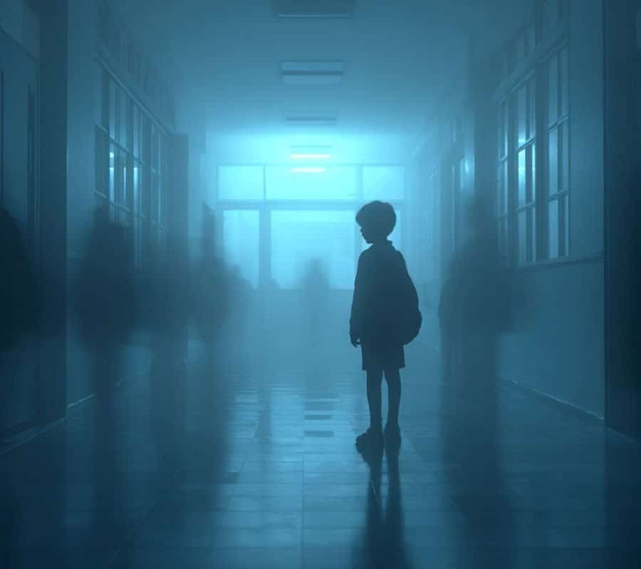 This shows a lonely child in a school hallway.