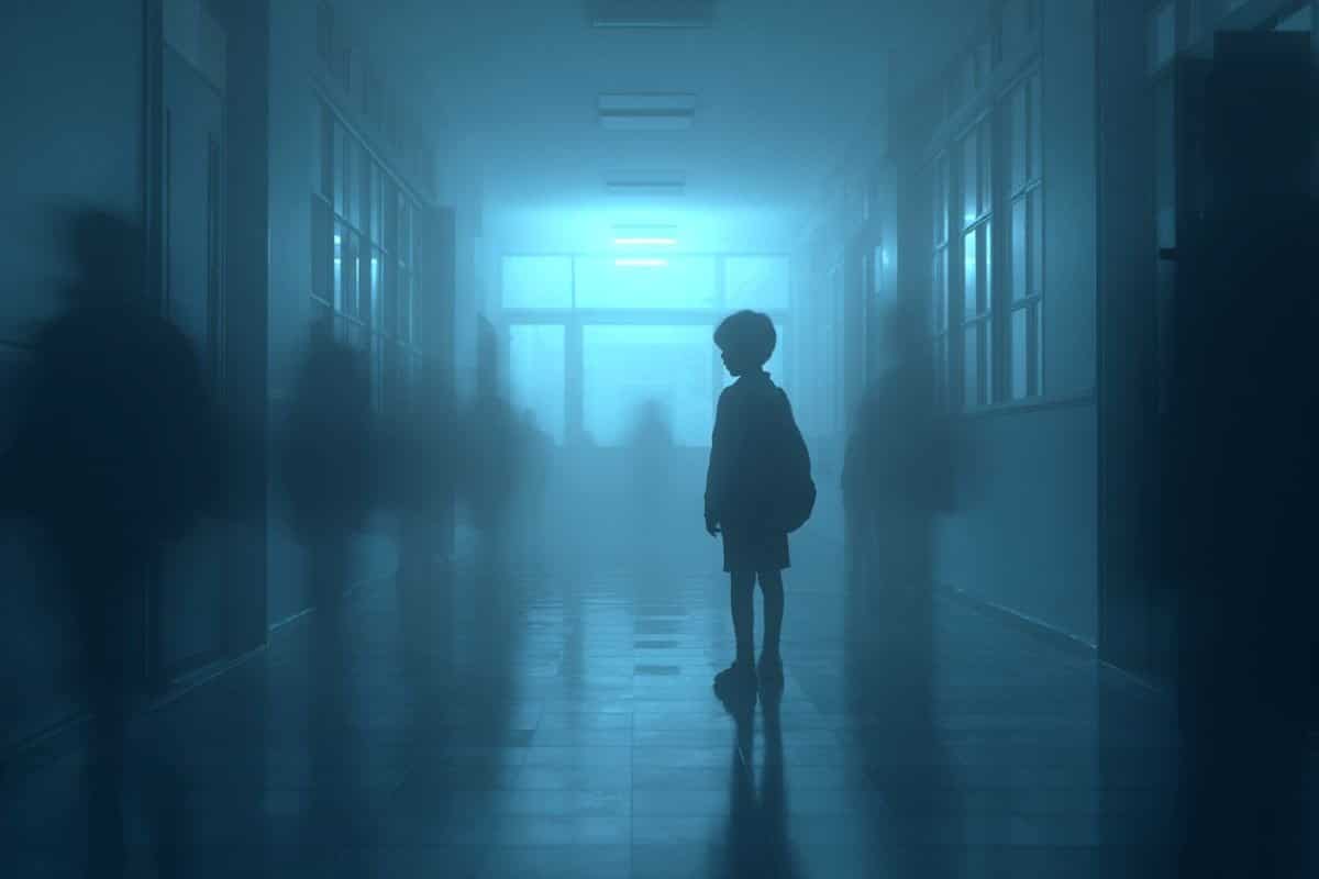 This shows a lonely child in a school hallway.