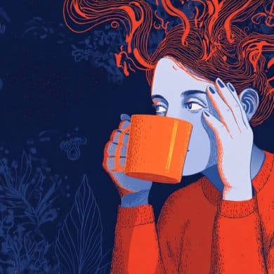 This shows a woman drinking coffee.