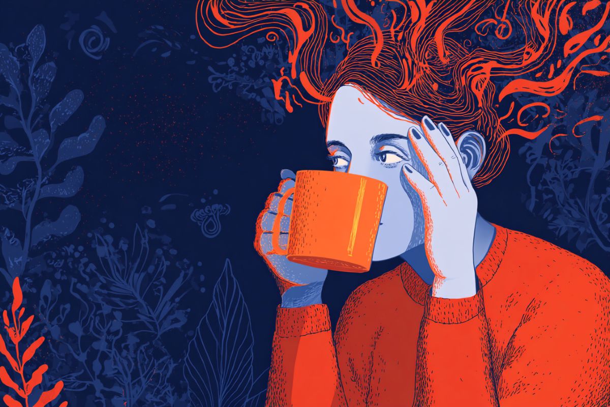 This shows a woman drinking coffee.