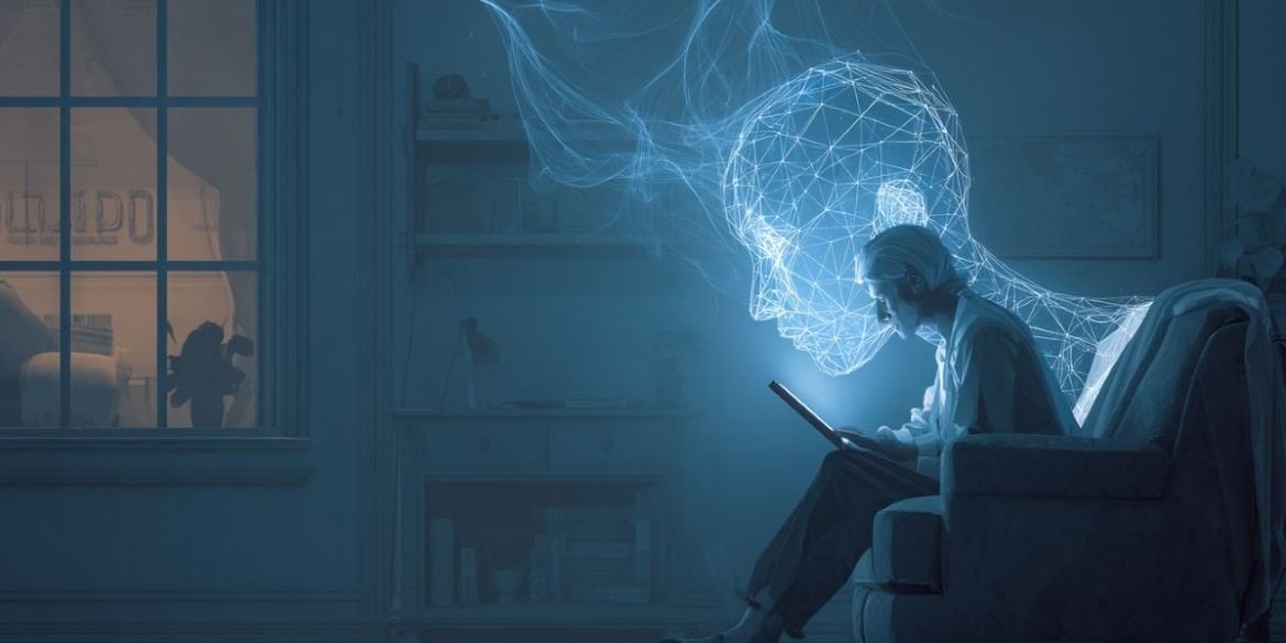 This shows a digital head and a person using a tablet in a dark room.