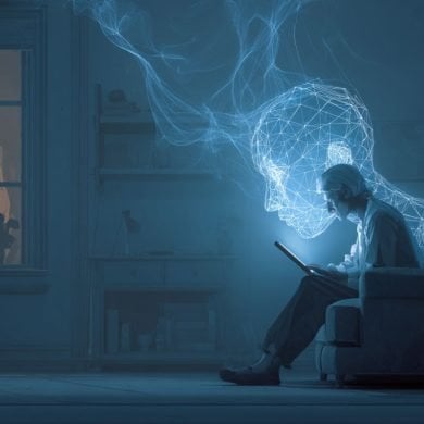 This shows a digital head and a person using a tablet in a dark room.