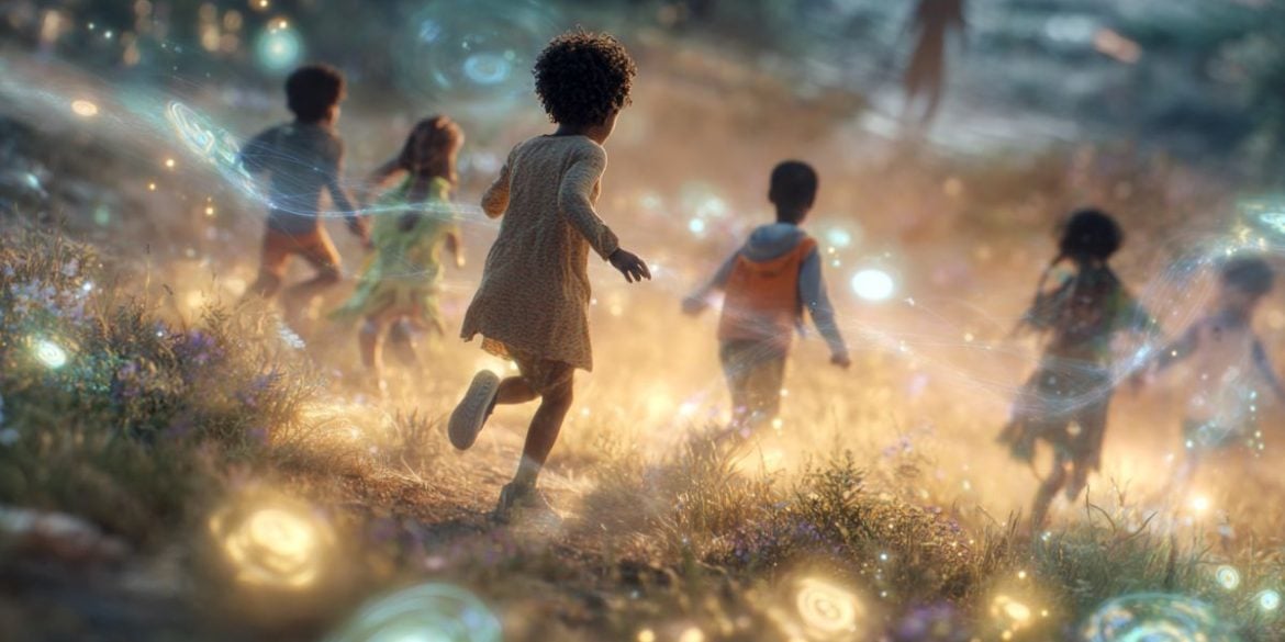 This shows kids running in a field.