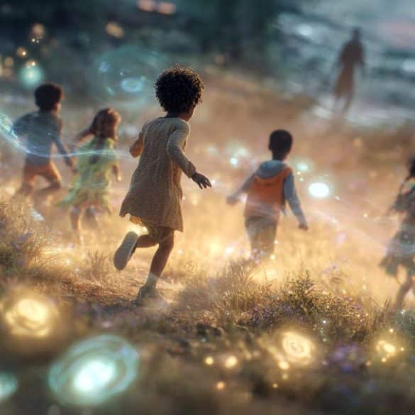 This shows kids running in a field.