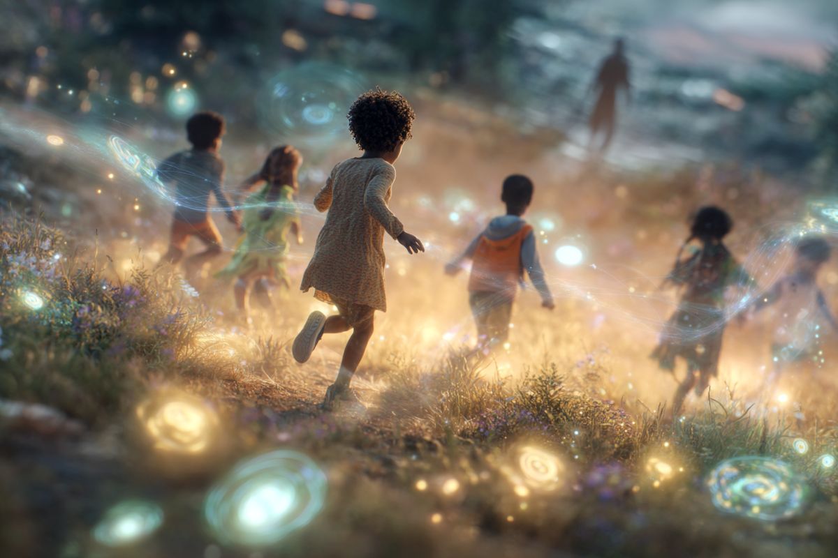 This shows kids running in a field.