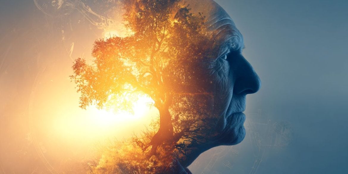 This shows the outline of an older person's head and a clock.