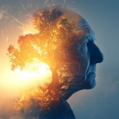 This shows the outline of an older person's head and a clock.