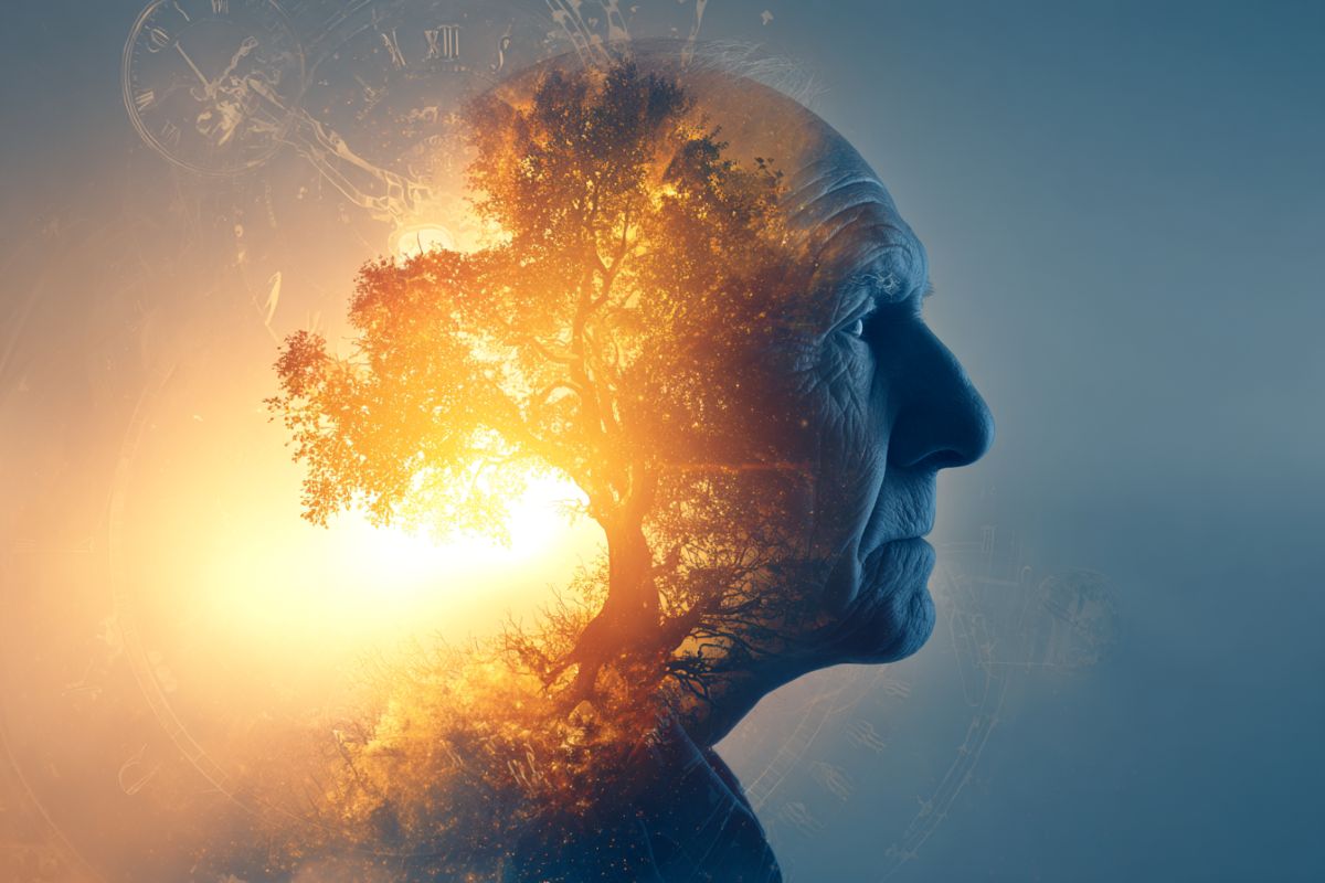 This shows the outline of an older person's head and a clock.