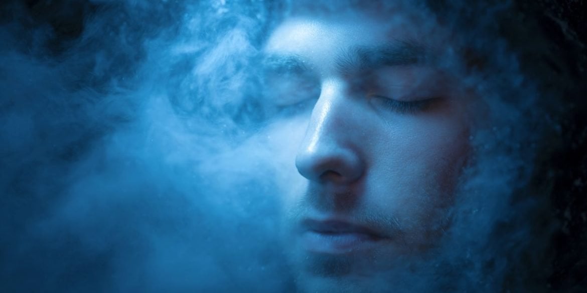 This shows a person's face surrounded by ice.