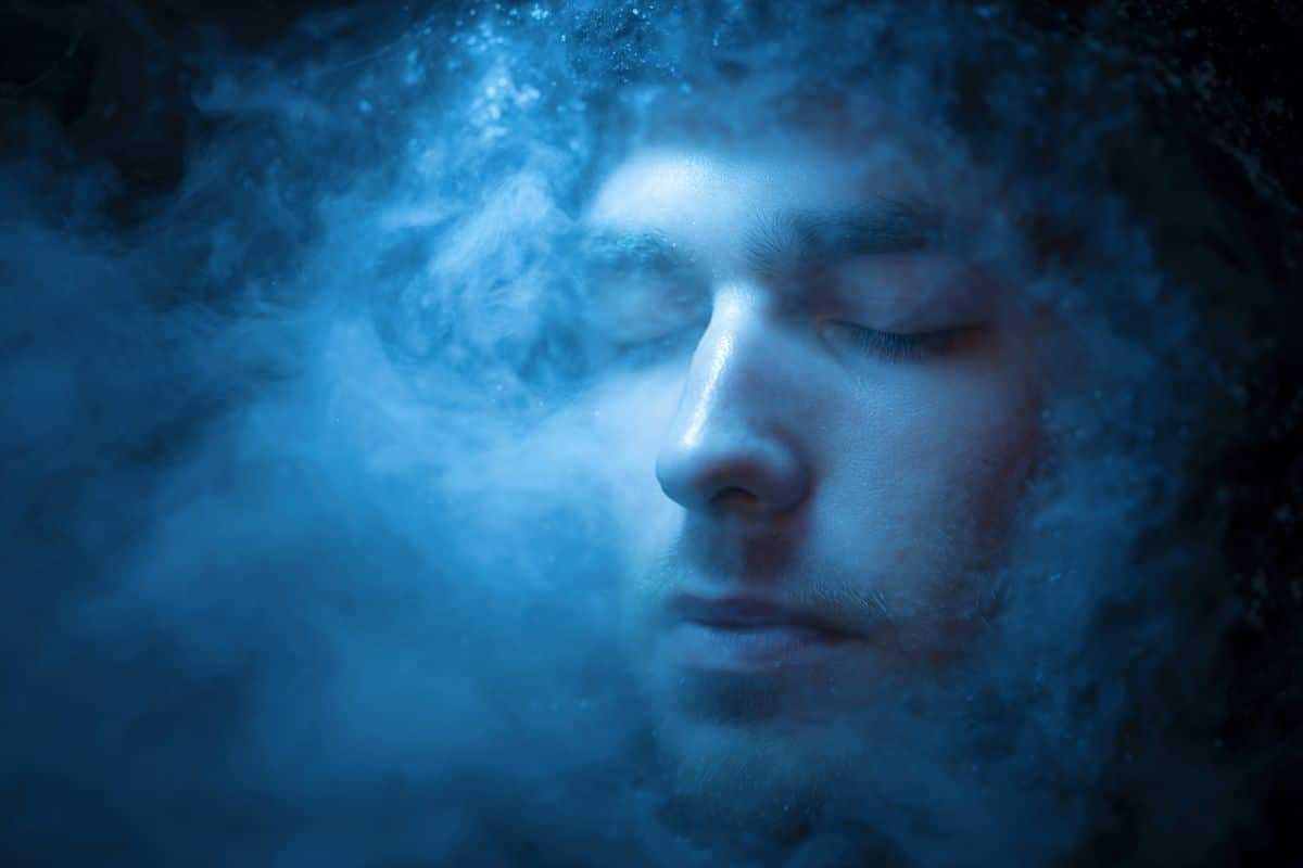 This shows a person's face surrounded by ice.