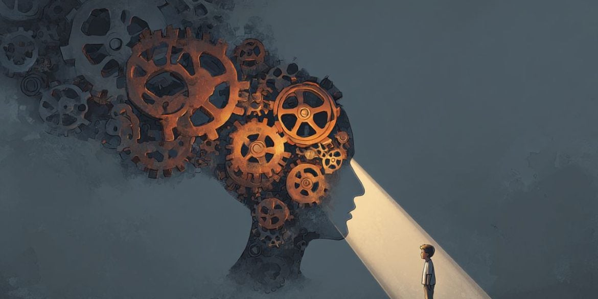 This shows a head made up of cogwheels.