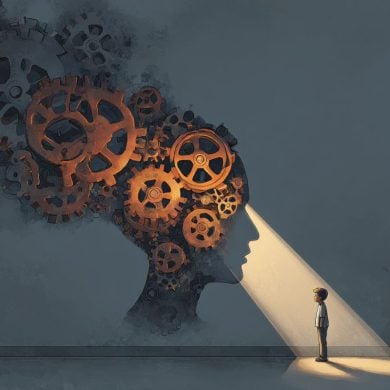 This shows a head made up of cogwheels.