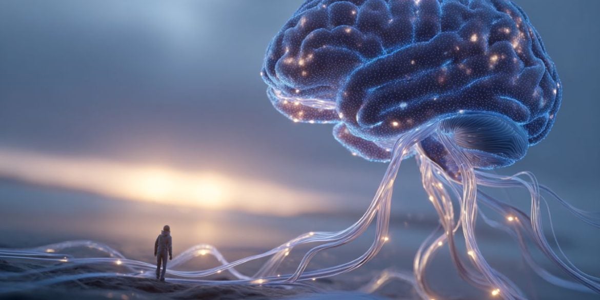 This shows a brain with wires coming out of it.