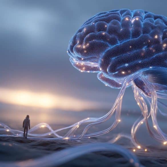 This shows a brain with wires coming out of it.