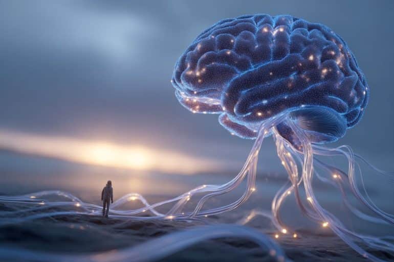 This shows a brain with wires coming out of it.