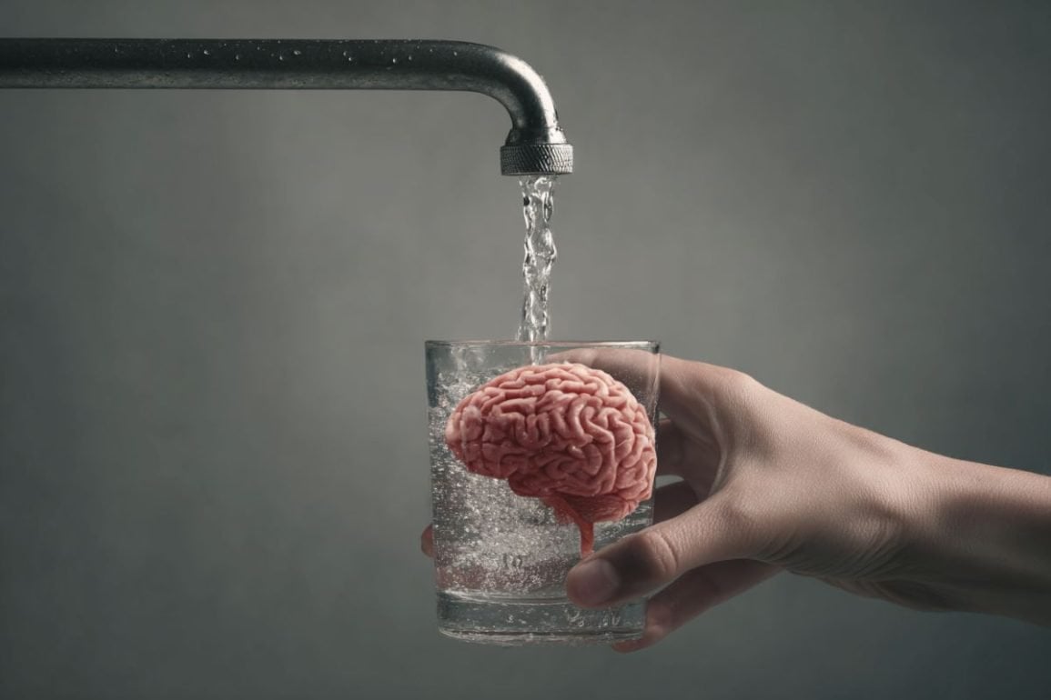 This shows a person getting a glass of tap water and a brain.