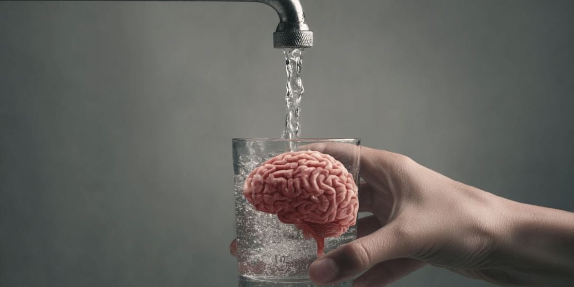 This shows a person getting a glass of tap water and a brain.