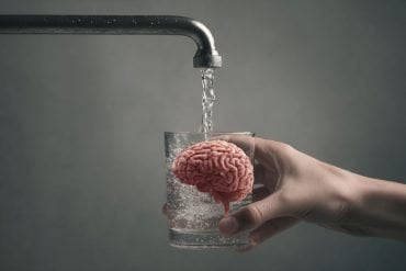 This shows a person getting a glass of tap water and a brain.