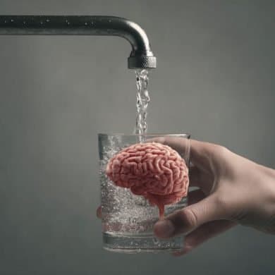 This shows a person getting a glass of tap water and a brain.