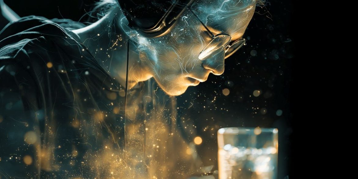 This shows a person gaming and a glass of sparkling water.