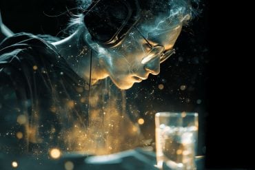 This shows a person gaming and a glass of sparkling water.