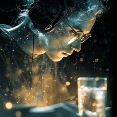 This shows a person gaming and a glass of sparkling water.