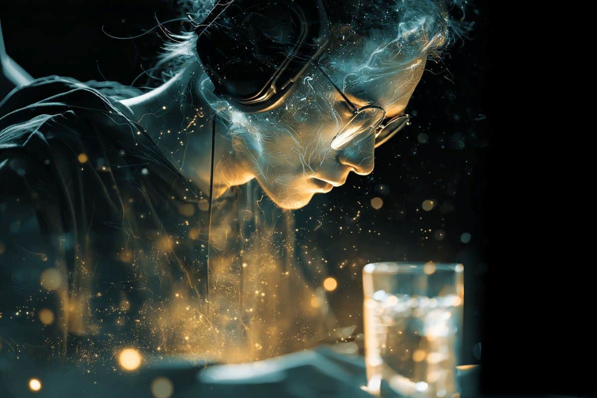 This shows a person gaming and a glass of sparkling water.