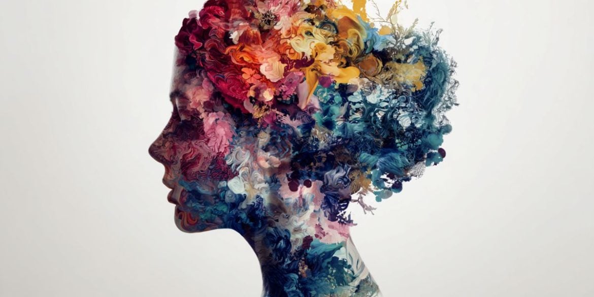 This shows a colorful woman's head with flowers representing emotions.