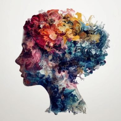 This shows a colorful woman's head with flowers representing emotions.