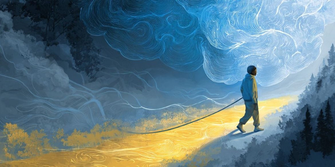 This shows a person walking on a path and a brain in the clouds.