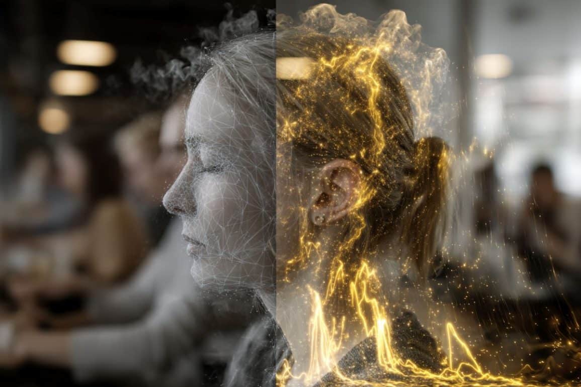 This shows a woman with her eyes closed and sound waves.