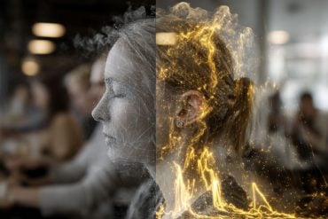 This shows a woman with her eyes closed and sound waves.