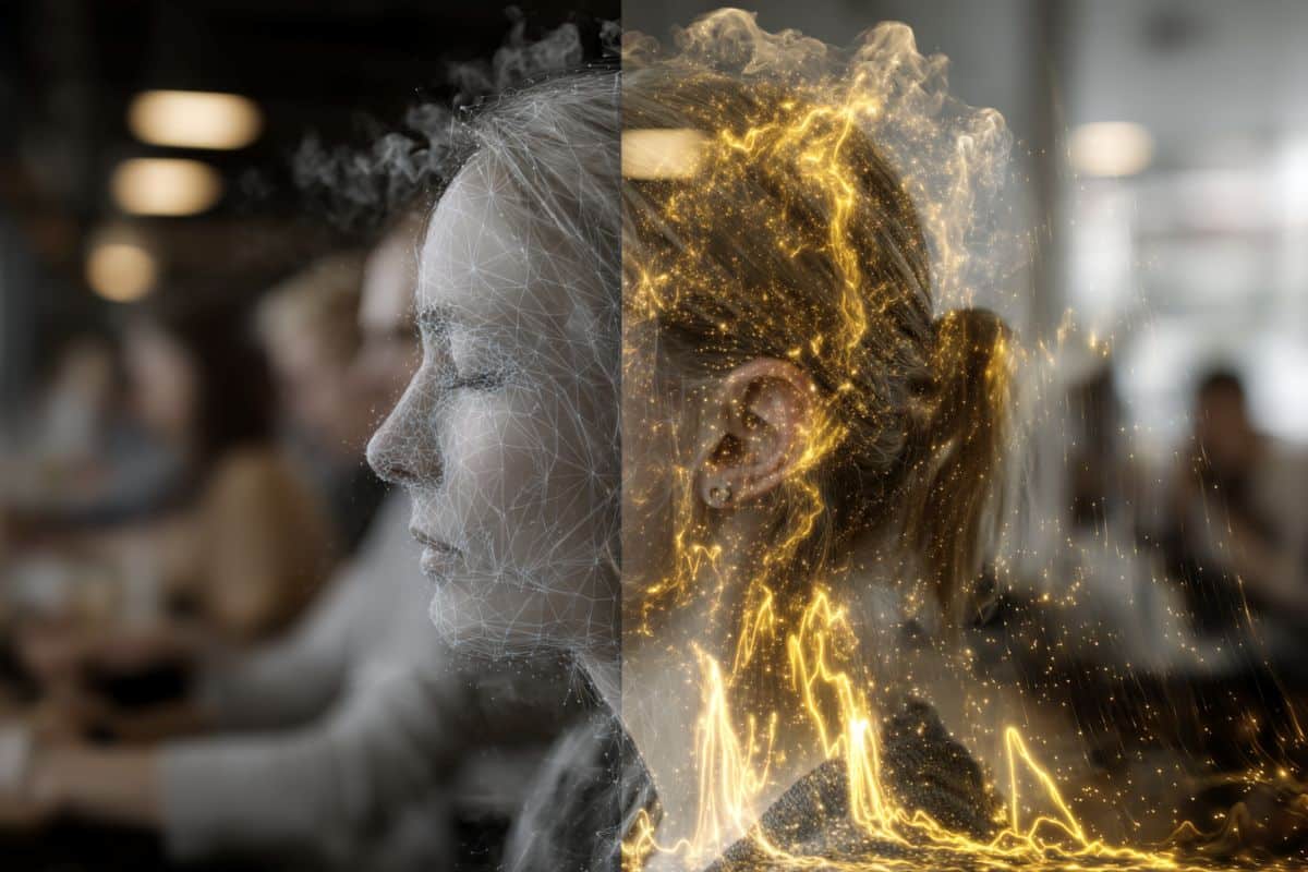 This shows a woman with her eyes closed and sound waves.