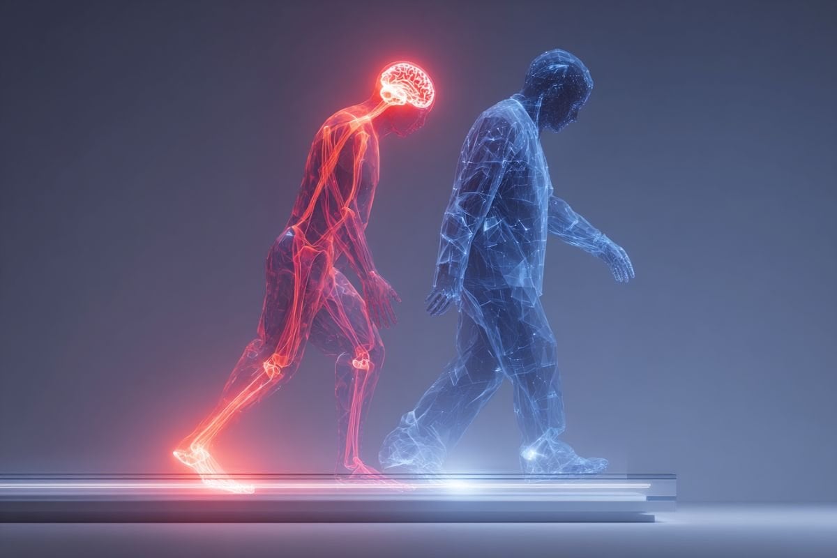 This shows a person stumbling and one walking.