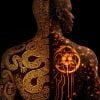 This shows a man covered in a snake and weird symbols.