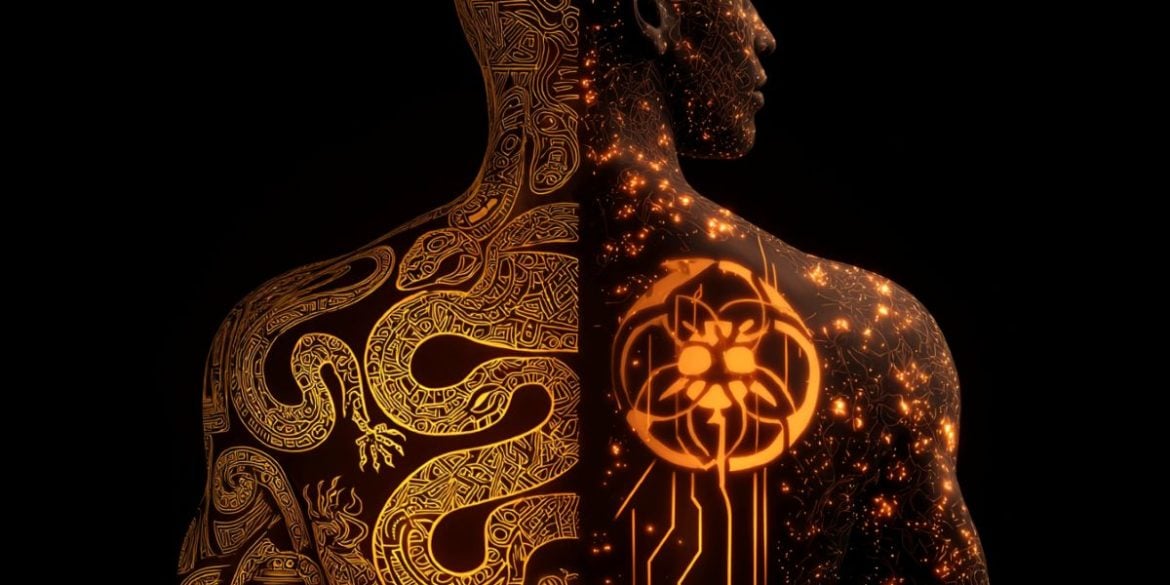 This shows a man covered in a snake and weird symbols.