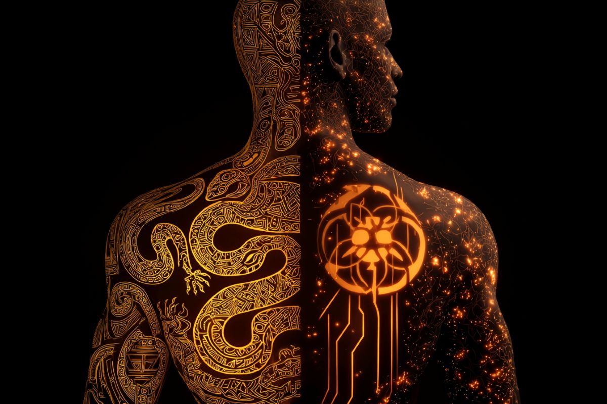 This shows a man covered in a snake and weird symbols.