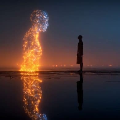 This shows an person and a digital outline of a person.