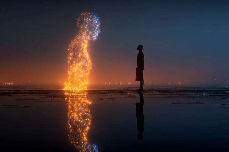 This shows an person and a digital outline of a person.