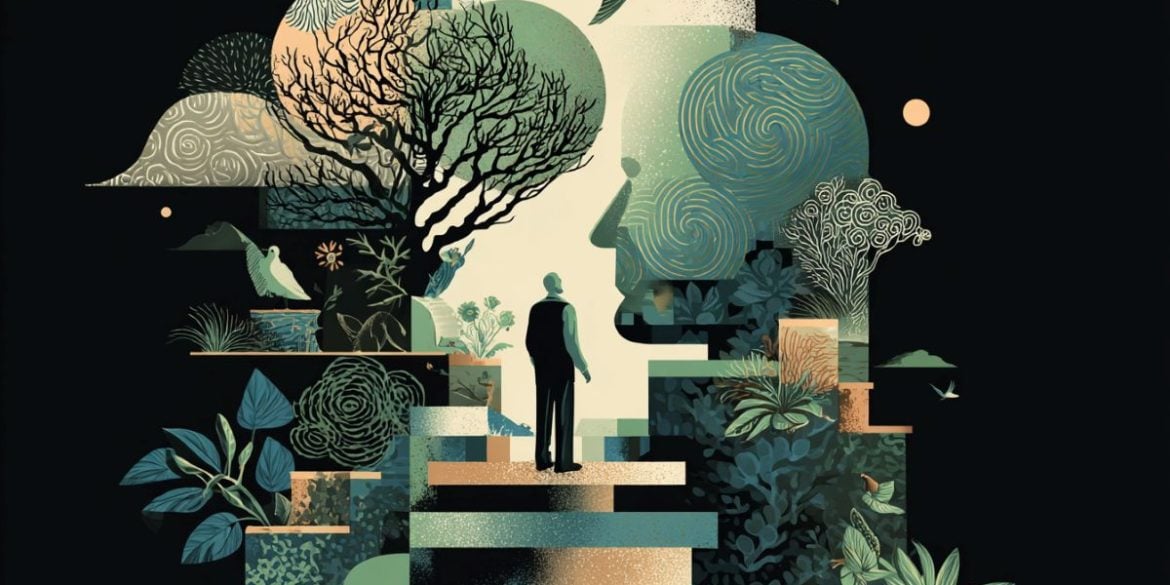 This shows an abstract image of a brain and an imaginary scene of birds, trees, and nature.