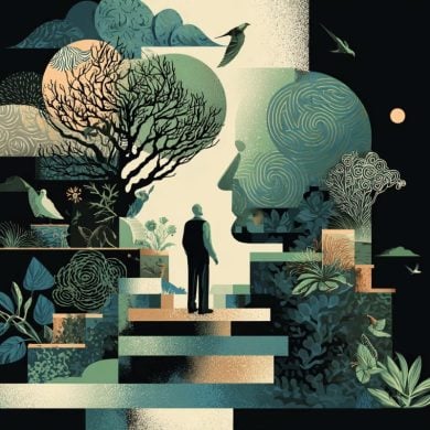 This shows an abstract image of a brain and an imaginary scene of birds, trees, and nature.