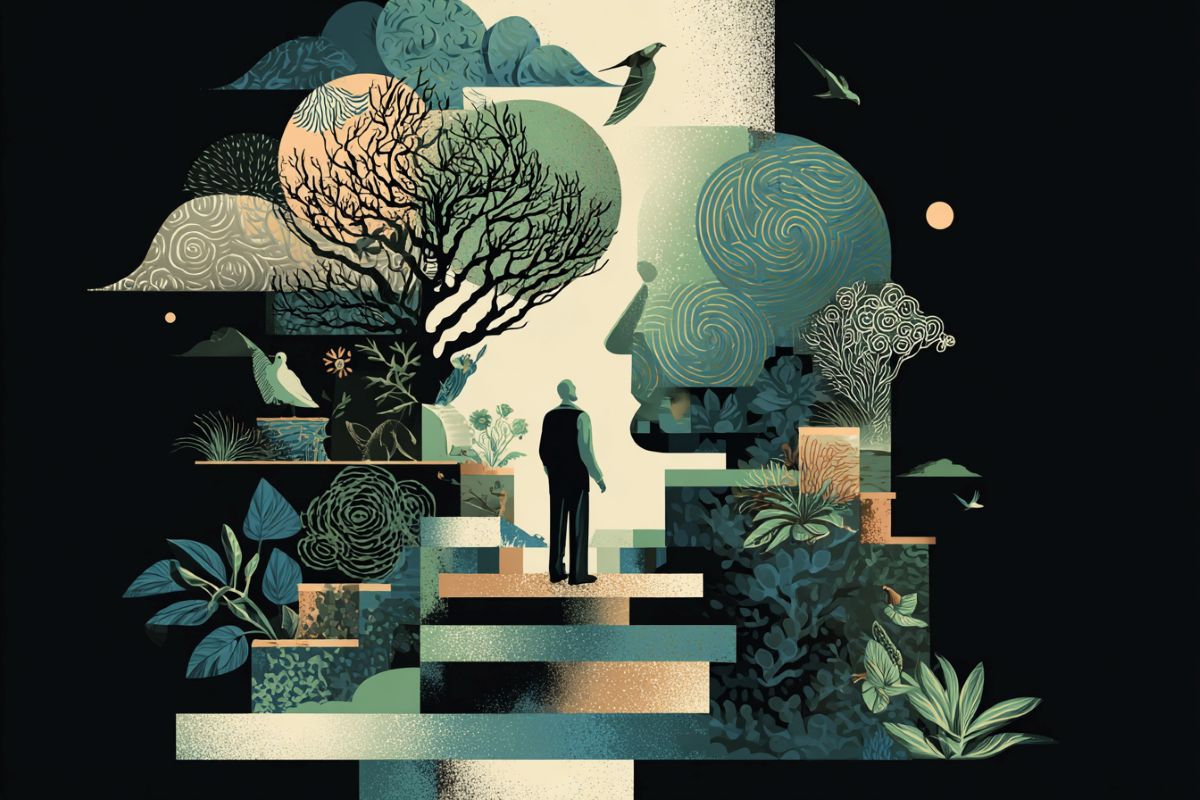 This shows an abstract image of a brain and an imaginary scene of birds, trees, and nature.