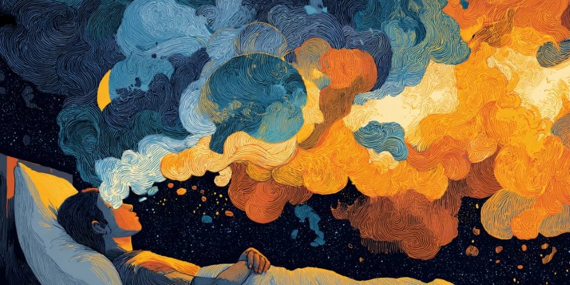 This shows a person sleeping, surrounded by vivid colors.